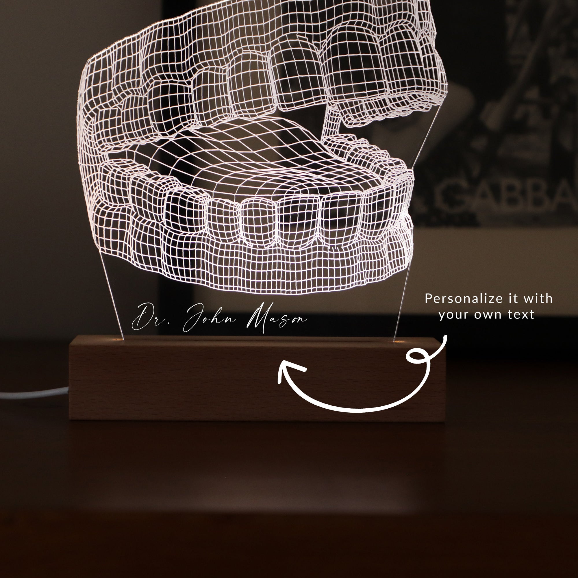 3D illusion lamp featuring a detailed human jaw anatomy design, illuminated in a white tone, perfect as a unique and thoughtful gift for dentists, orthodontists, or medical professionals specializing in oral health.