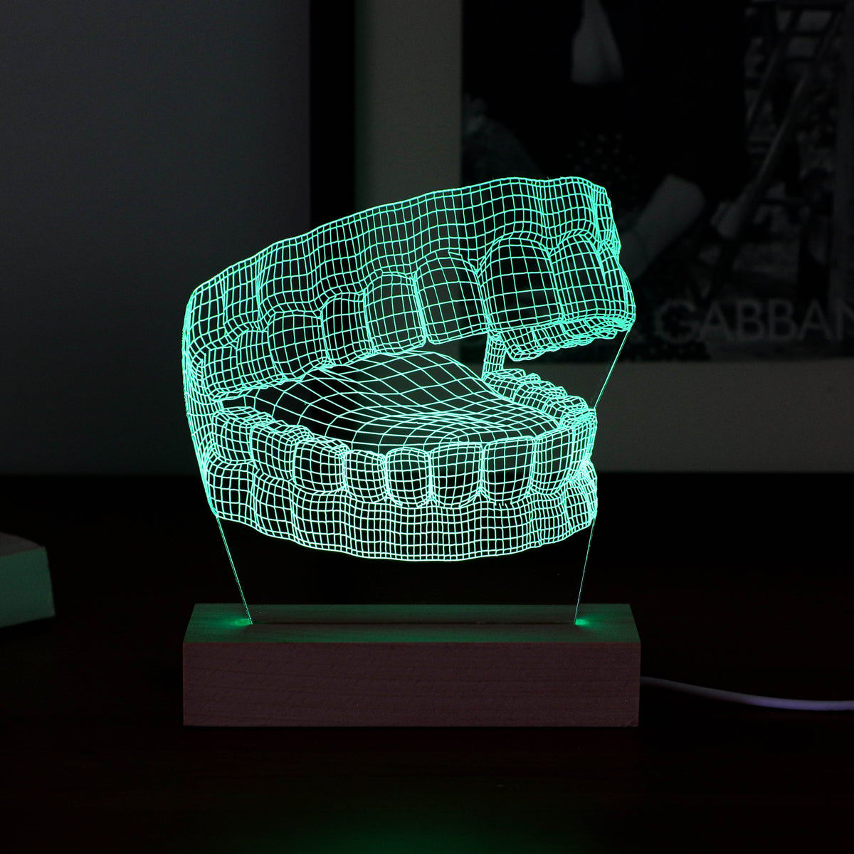 3D illusion lamp featuring a detailed human jaw anatomy design, illuminated in a green tone, perfect as a unique and thoughtful gift for dentists, orthodontists, or medical professionals specializing in oral health.
