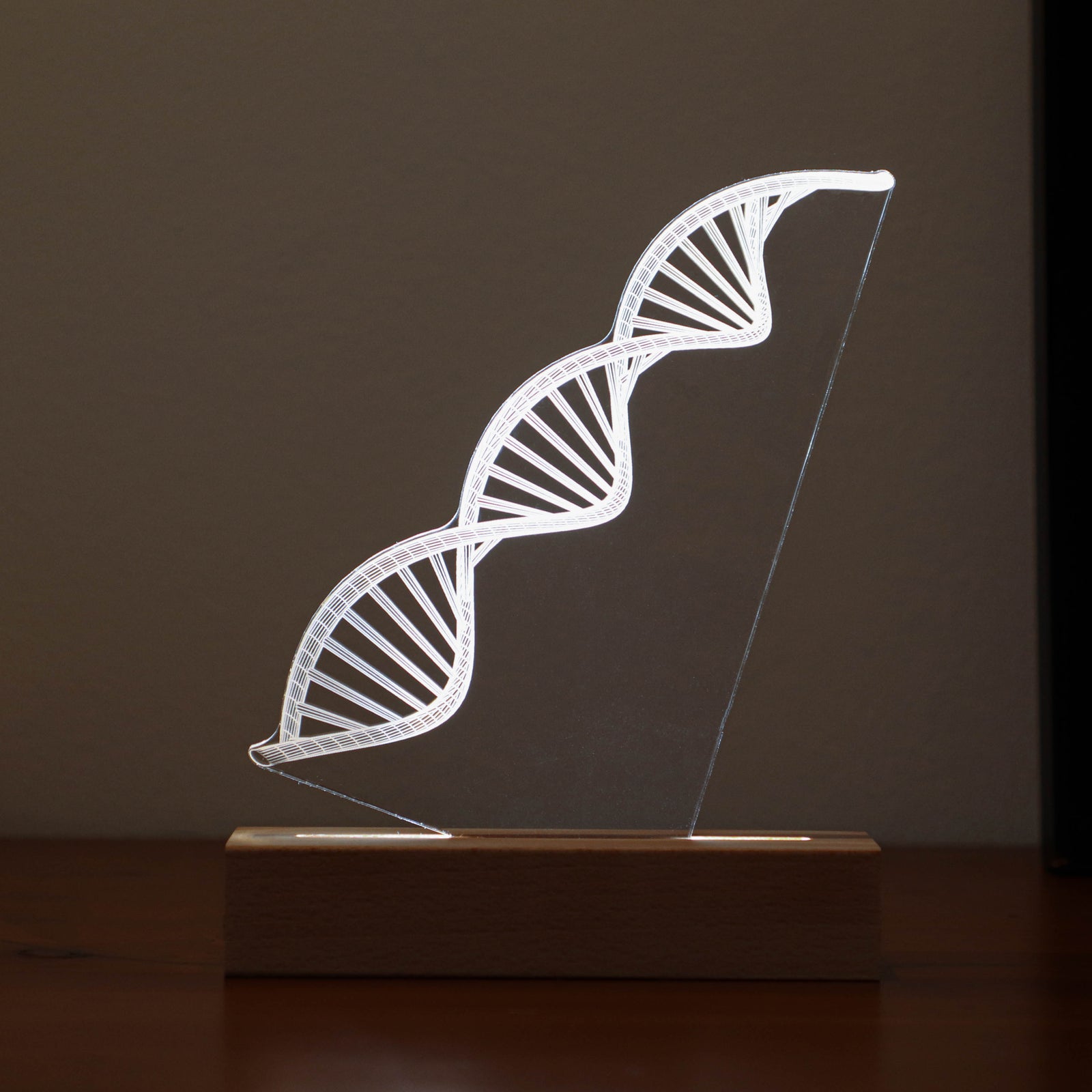 3D illusion lamp featuring a detailed DNA double helix design, illuminated in a white tone, personalized with a name, perfect as a unique and thoughtful gift for geneticists, scientists, or medical professionals specializing in human genome research