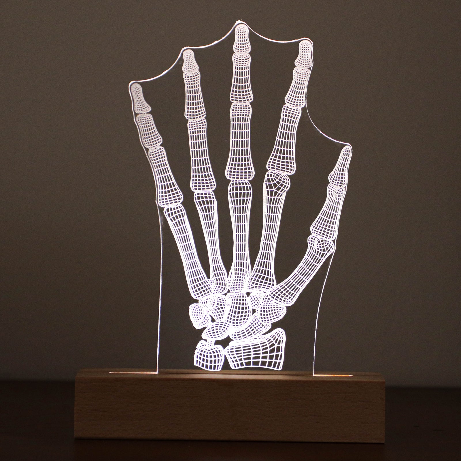 3D illusion lamp featuring a detailed human hand bone anatomy design, illuminated in a warm white tone, perfect as a unique and thoughtful gift for orthopedic specialists, physiotherapists, or medical professionals focusing on hand health.