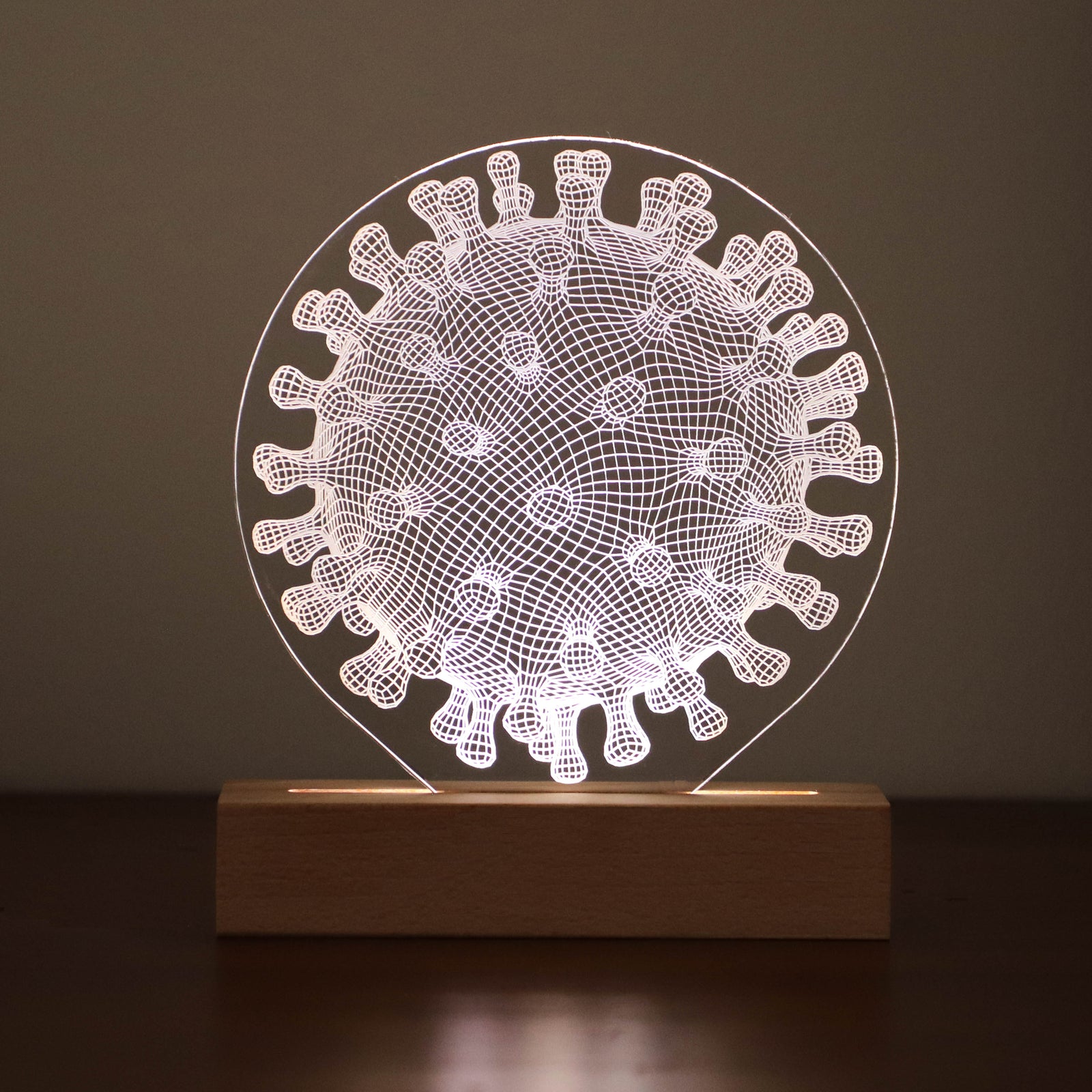3D illusion lamp featuring a detailed virus structure design, illuminated in a white tone, perfect as a unique and thoughtful gift for immunologists, virologists, or medical professionals specializing in infectious diseases.