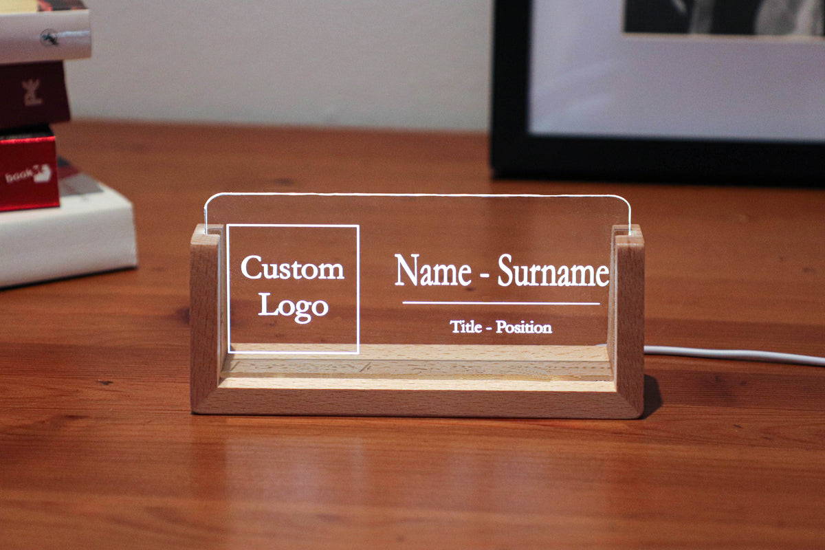 Personalized LED desk nameplate with engraved company logo, white light illumination – ideal for professional office decor or corporate gifts