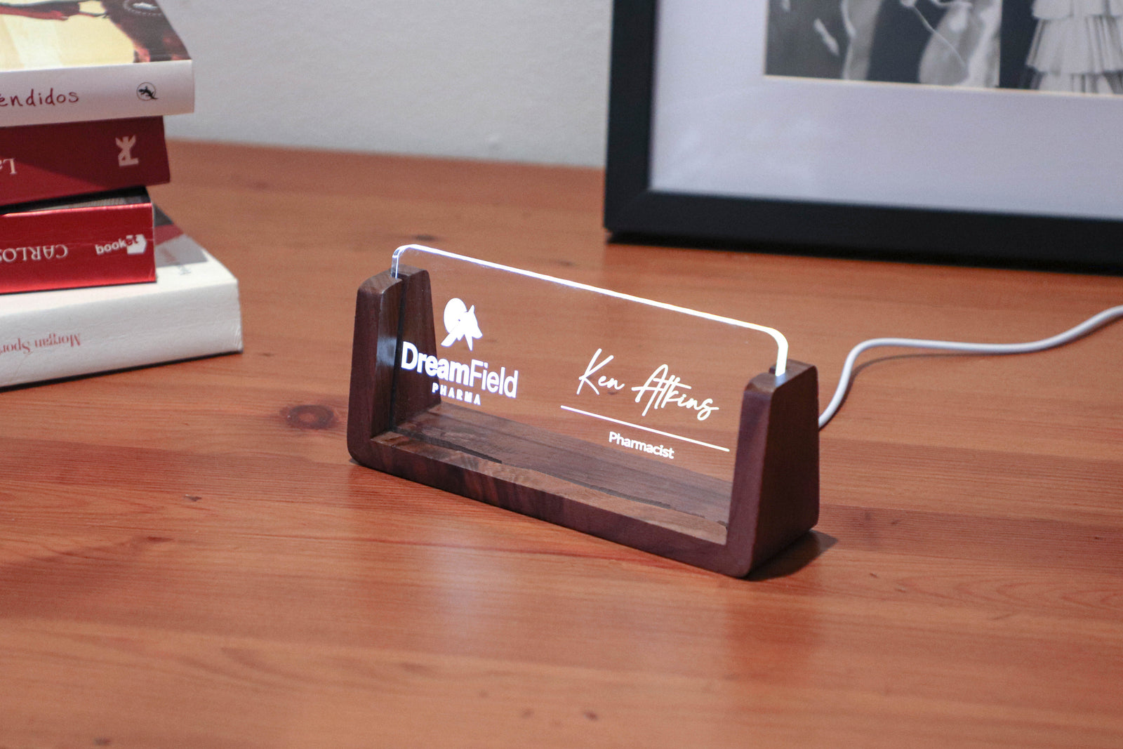 Personalized LED desk nameplate with engraved company logo, white light illumination – ideal for professional office decor or corporate gifts