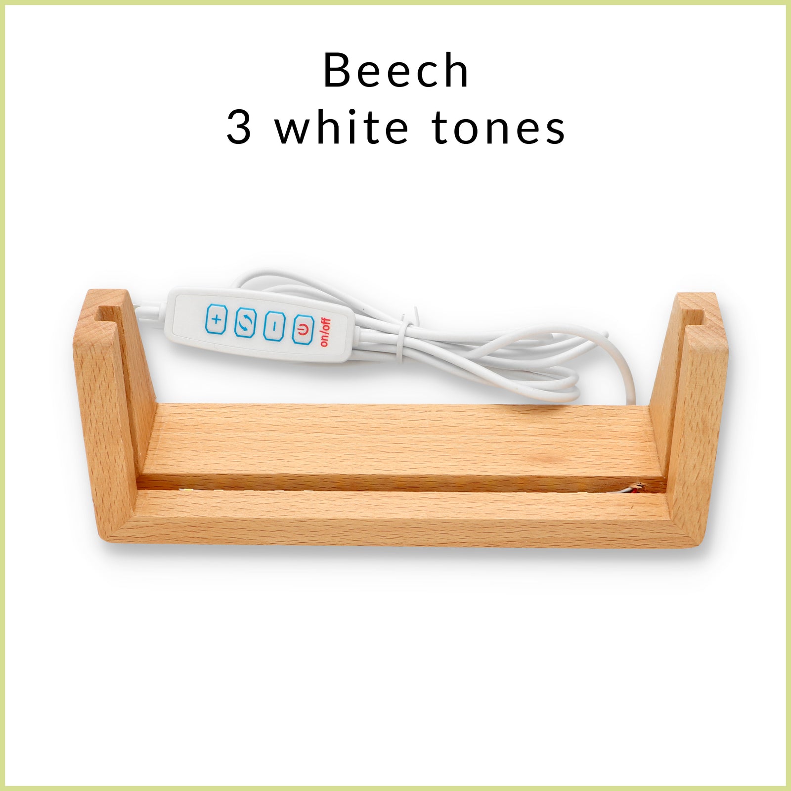 U-shaped LED wooden base in beech or walnut for personalized desk name plate, available with 3 white tones or 7 RGB colors lighting options