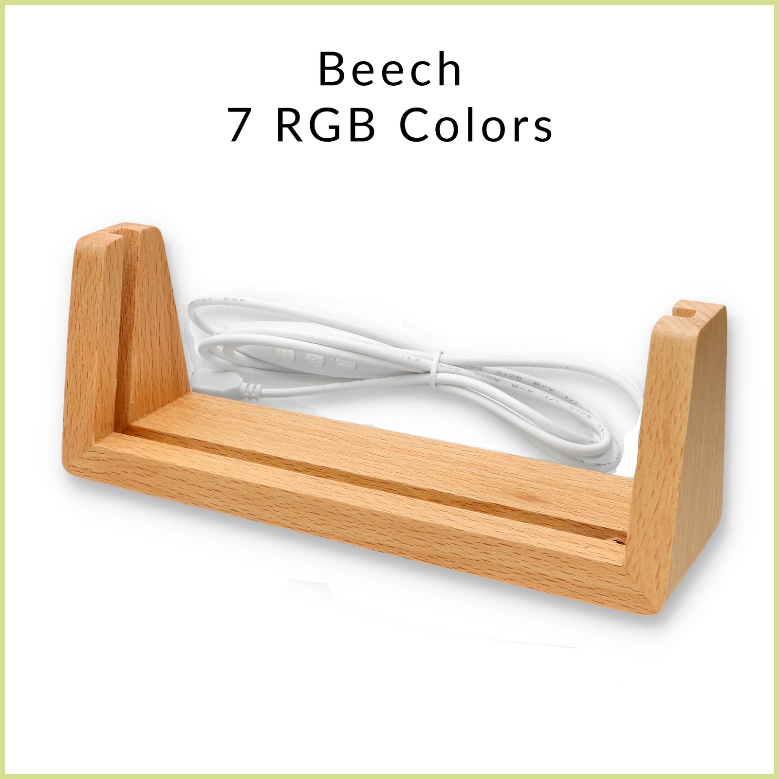 U-shaped LED wooden base in beech or walnut for personalized desk name plate, available with 3 white tones or 7 RGB colors lighting options