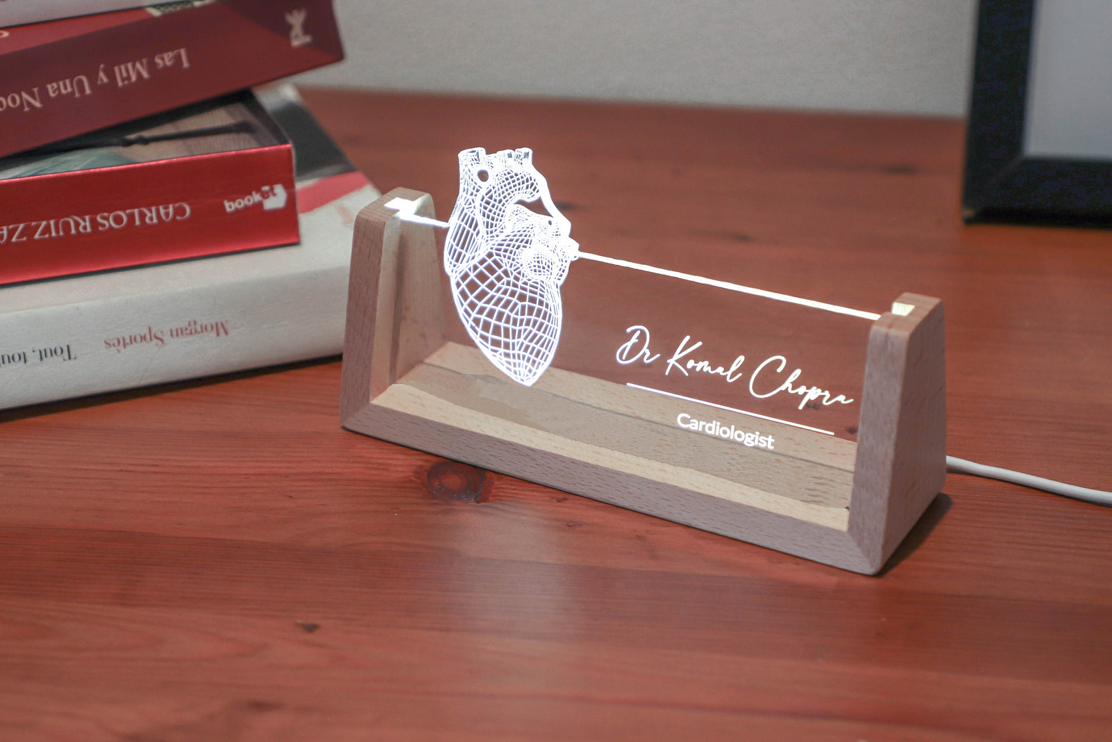 Personalized LED desk nameplate featuring a detailed heart anatomy design, illuminated in a white tone, perfect as a unique and thoughtful gift for cardiology professionals or heart specialists.
