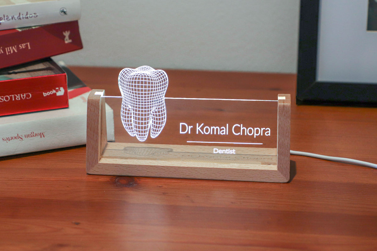 LED desk nameplate featuring a detailed tooth anatomy design, illuminated in a white tone, perfect as a unique and thoughtful gift for dentists or dental professionals.