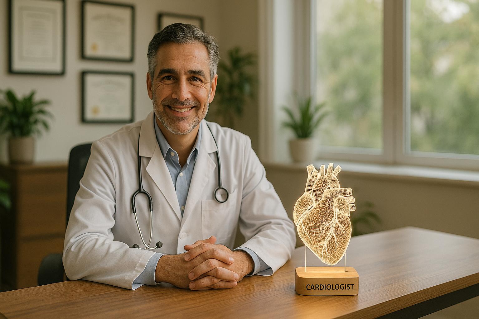 Portrait of a male cardiologist in a modern office with a glowing 3D LED heart lamp on a wooden desk, smiling and wearing a white lab coat and stethoscope.