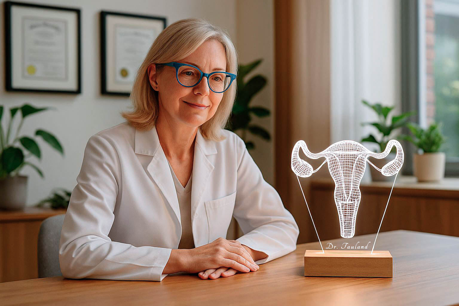 Blonde female gynecologist wearing blue glasses, seated slightly at an angle in a warmly lit office with a 3D LED uterus lamp on her desk.
