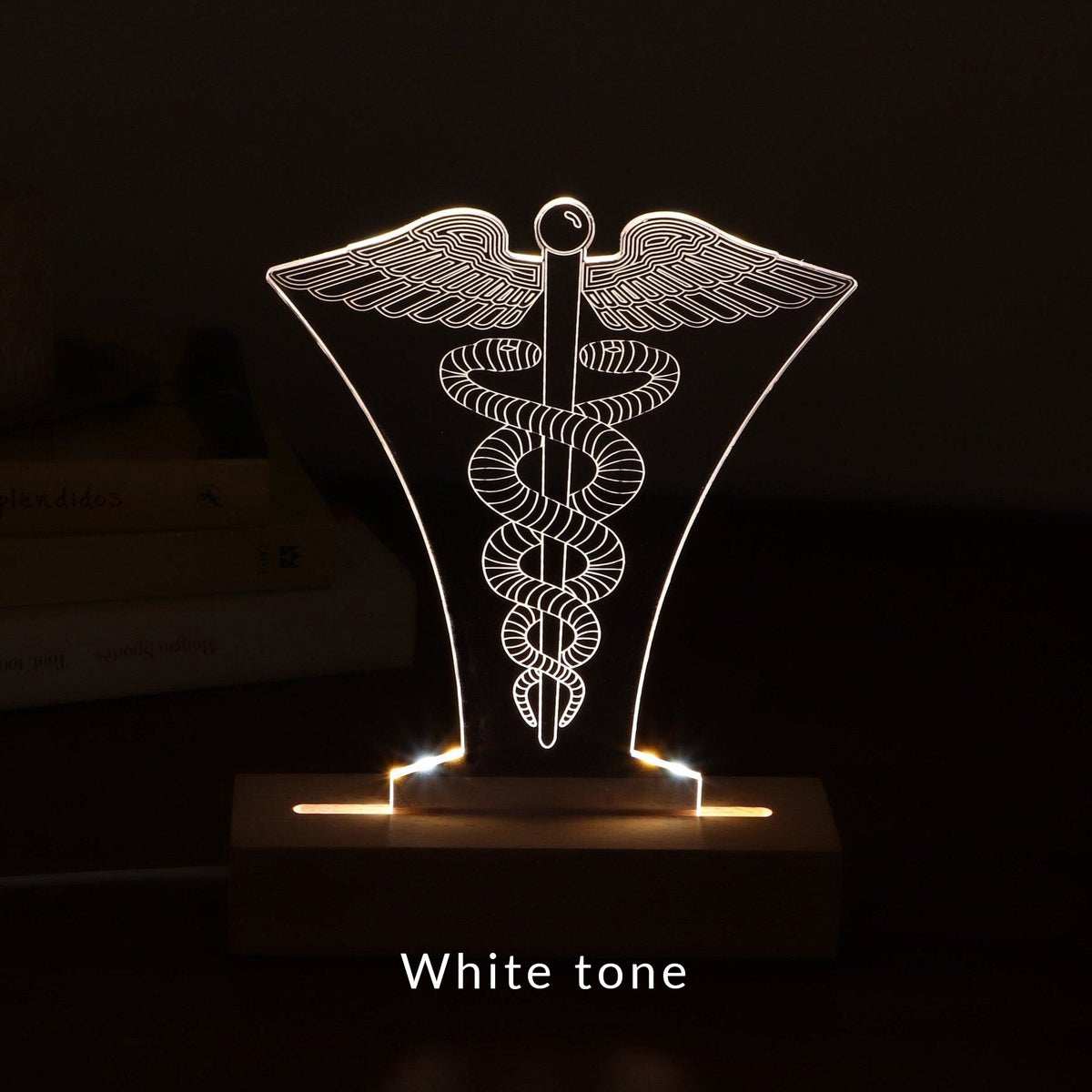 3D illusion lamp featuring the Caduceus symbol, illuminated in a white tone, perfect as a unique and thoughtful gift for doctors, healthcare professionals, or medical practitioners.