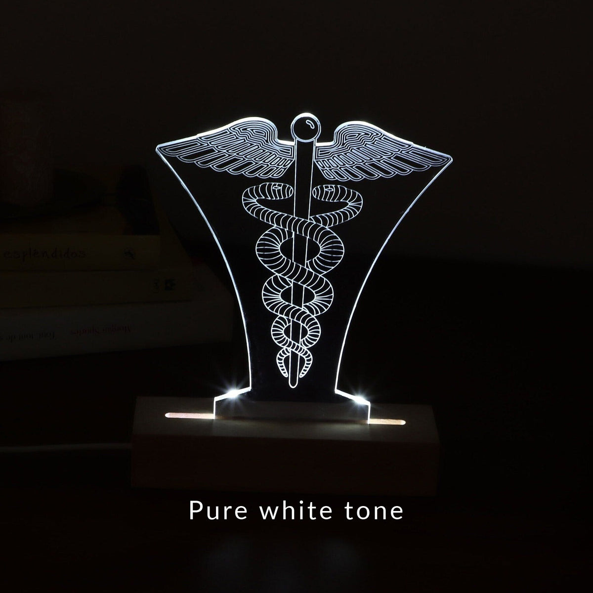 3D illusion lamp featuring the Caduceus symbol, illuminated in a white tone, perfect as a unique and thoughtful gift for doctors, healthcare professionals, or medical practitioners.