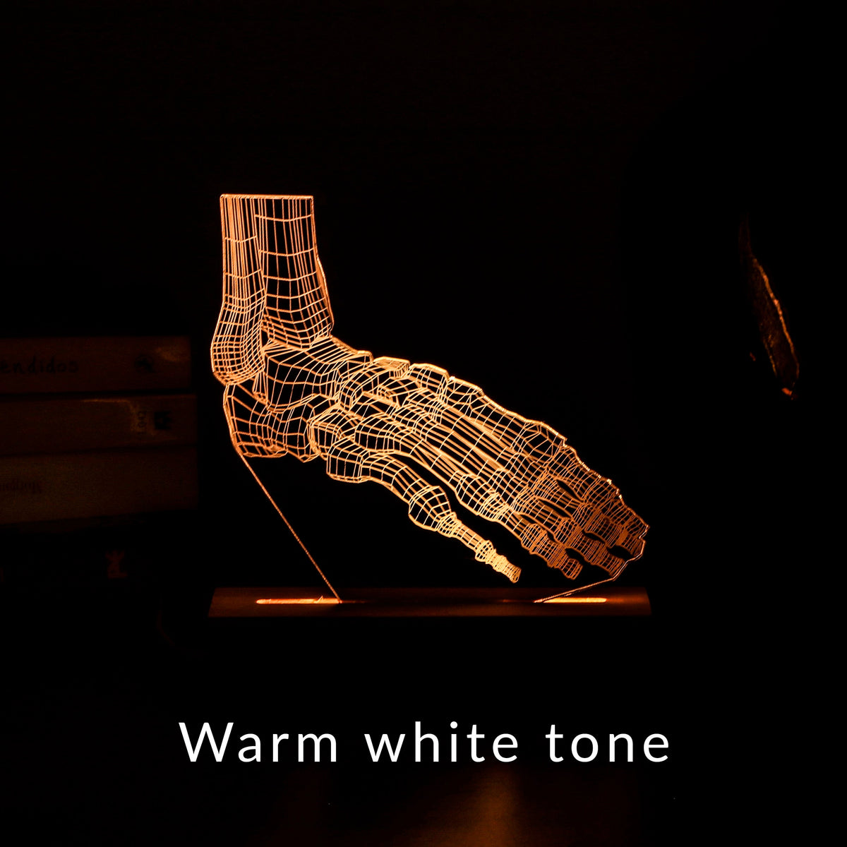 3D illusion lamp featuring a detailed foot anatomy design, illuminated in a white tone, with customizable text, perfect as a unique gift for podiatrists or foot care specialists.