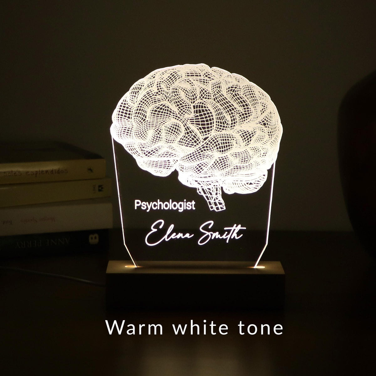 Personalized 3D illusion lamp featuring a detailed brain anatomy design, illuminated in a white tone,  perfect as a unique gift for mental health professionals.