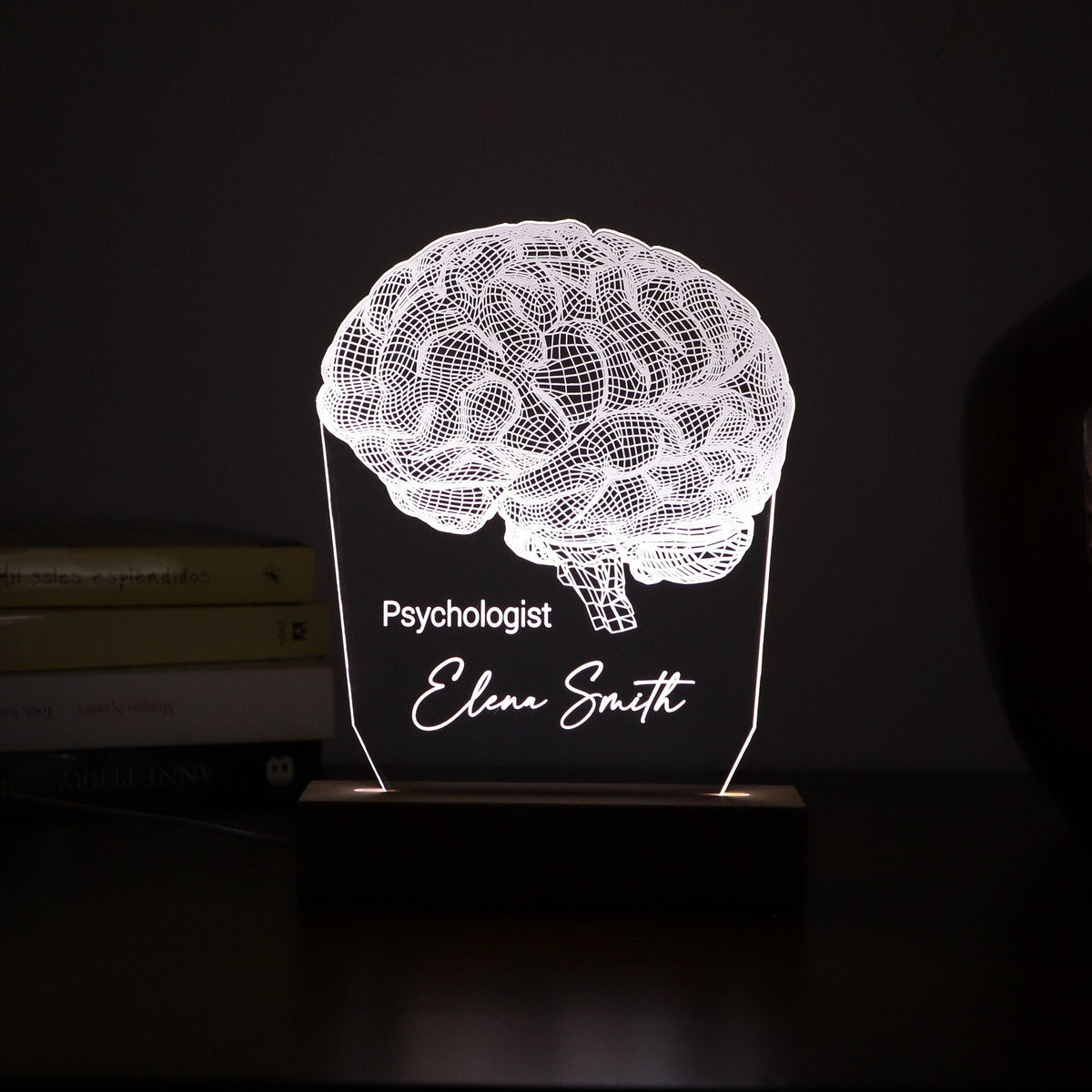 Personalized 3D illusion lamp featuring a detailed brain anatomy design, illuminated in a white tone,  perfect as a unique gift for mental health professionals.