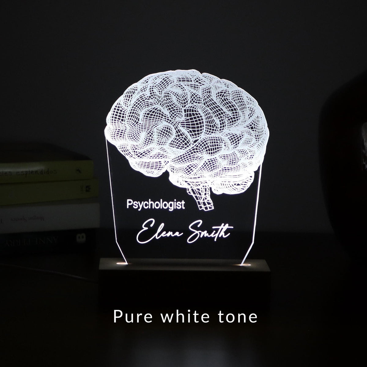 Personalized 3D illusion lamp featuring a detailed brain anatomy design, illuminated in a white tone,  perfect as a unique gift for mental health professionals.