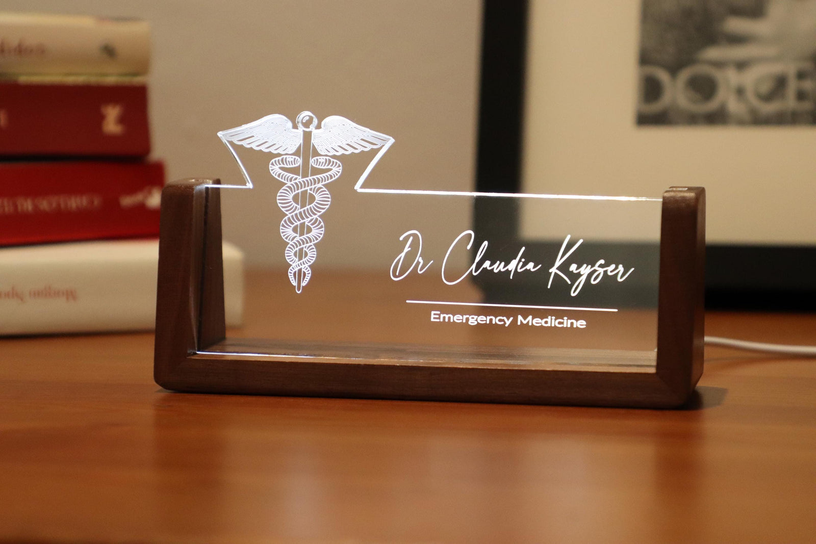 LED desk nameplate featuring a detailed Caduceus symbol design, illuminated in a white tone, perfect as a unique and thoughtful gift for doctors, healthcare professionals, or medical practitioners.