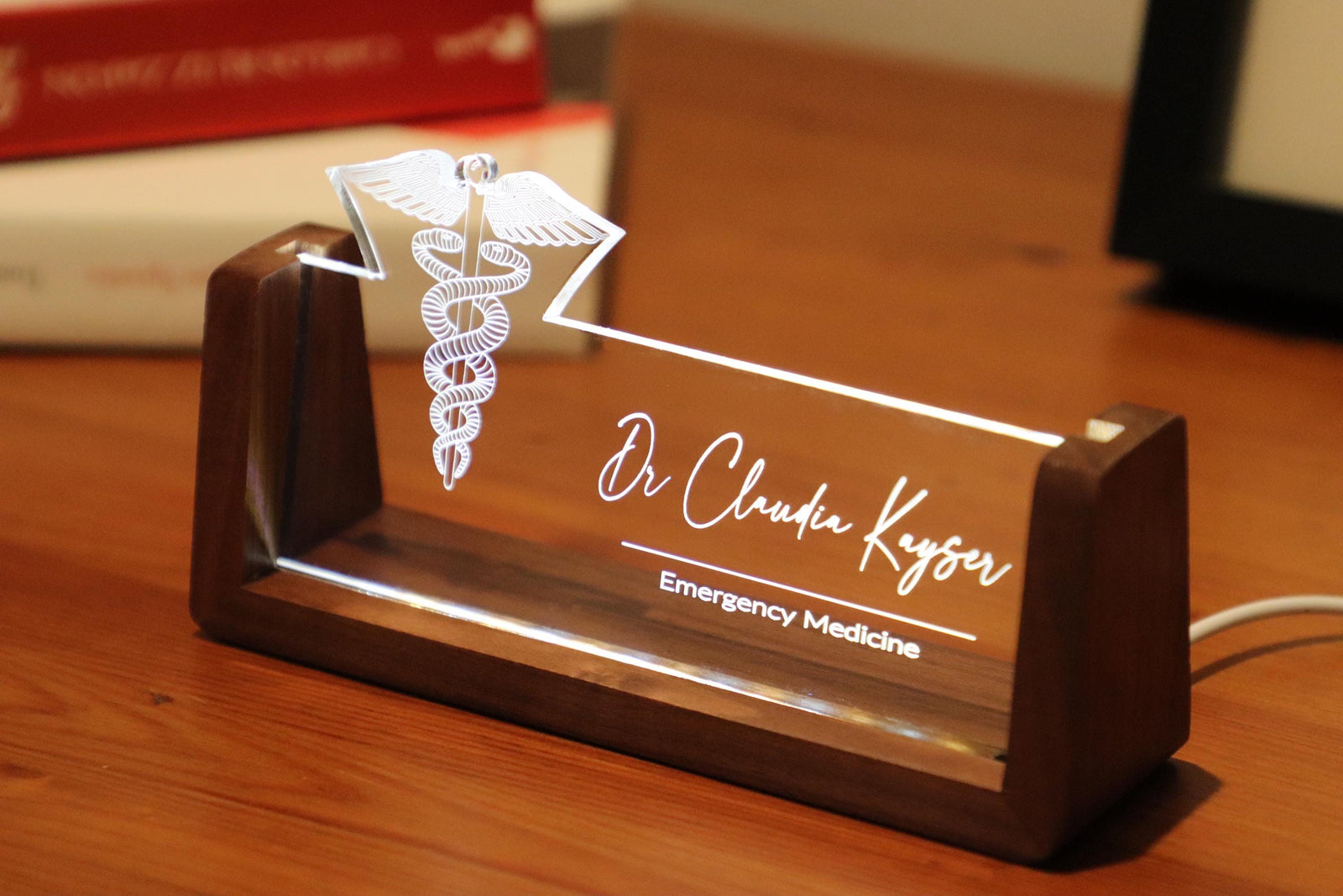 LED desk nameplate featuring a detailed Caduceus symbol design, illuminated in a white tone, perfect as a unique and thoughtful gift for doctors, healthcare professionals, or medical practitioners.