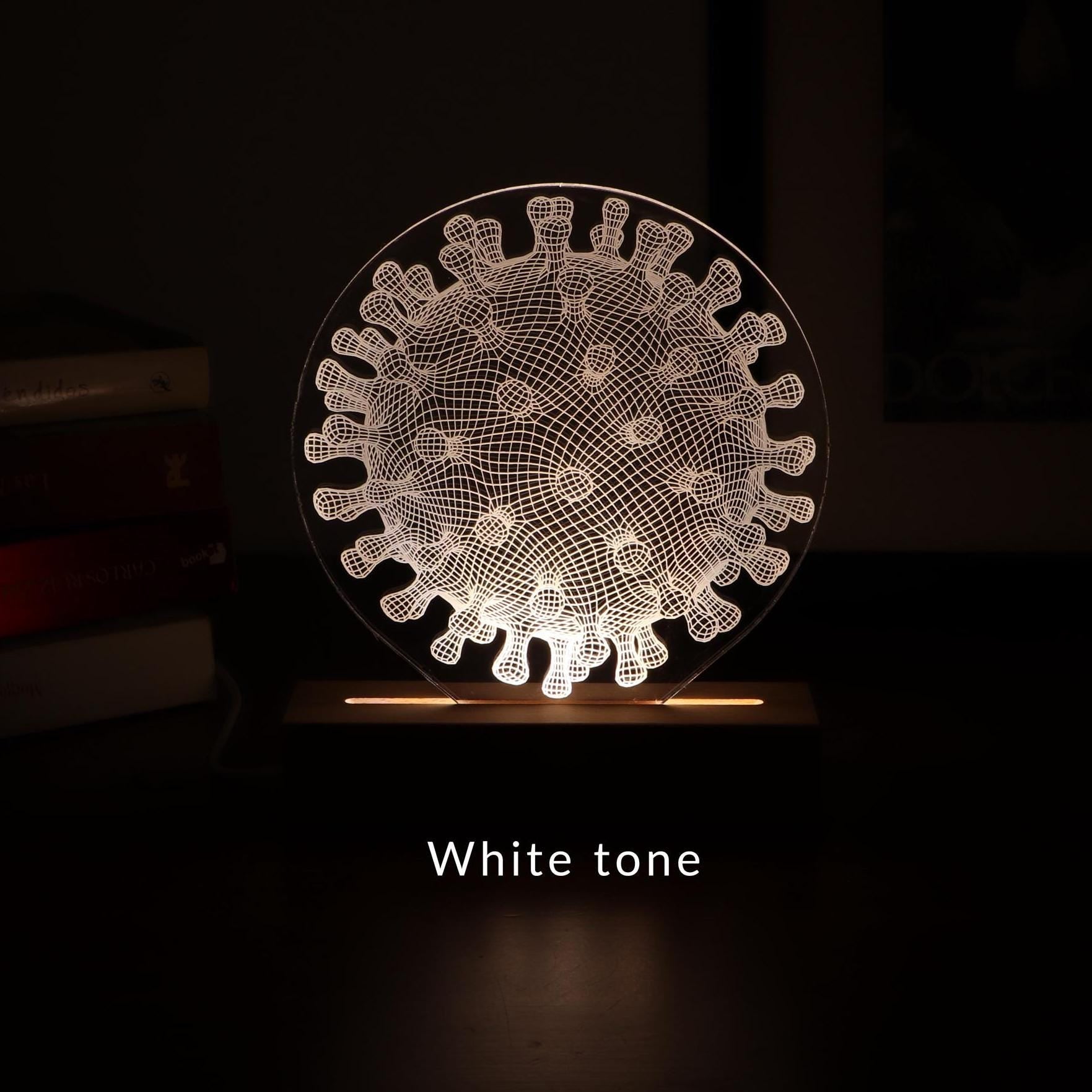 3D illusion lamp featuring a detailed virus structure design, illuminated in a white tone, perfect as a unique and thoughtful gift for immunologists, virologists, or medical professionals specializing in infectious diseases.
