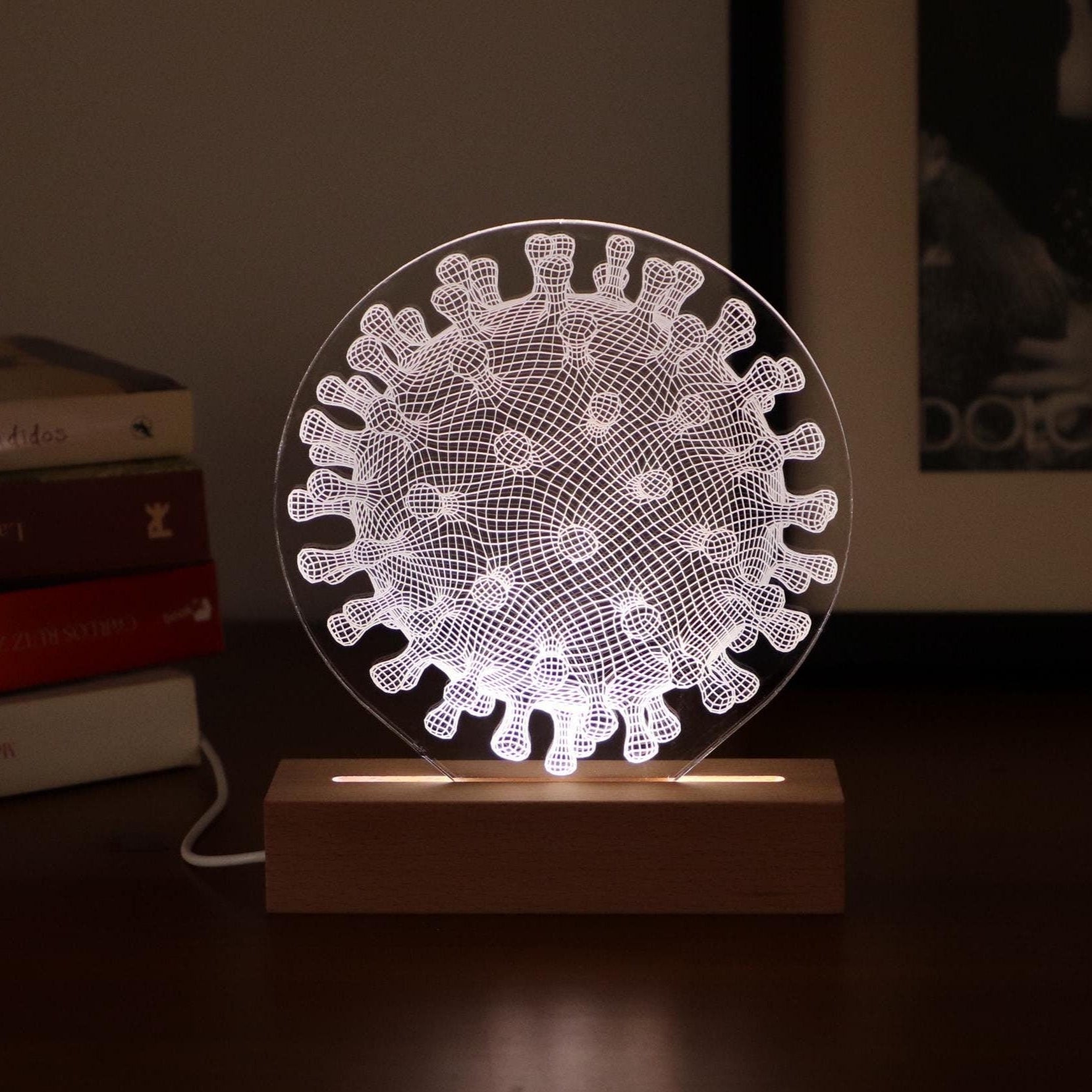 3D illusion lamp featuring a detailed virus structure design, illuminated in a white tone, perfect as a unique and thoughtful gift for immunologists, virologists, or medical professionals specializing in infectious diseases.
