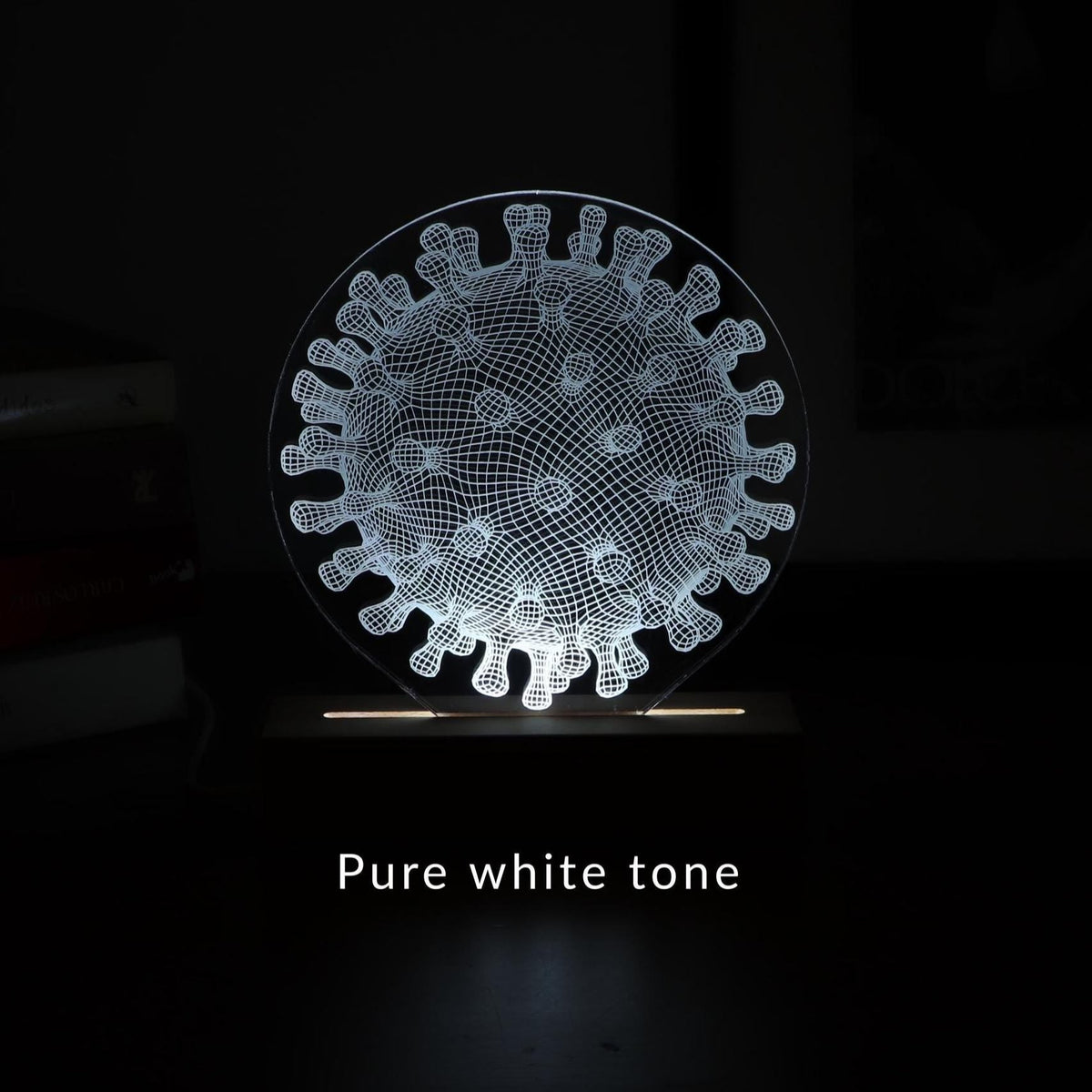 3D illusion lamp featuring a detailed virus structure design, illuminated in a white tone, perfect as a unique and thoughtful gift for immunologists, virologists, or medical professionals specializing in infectious diseases.