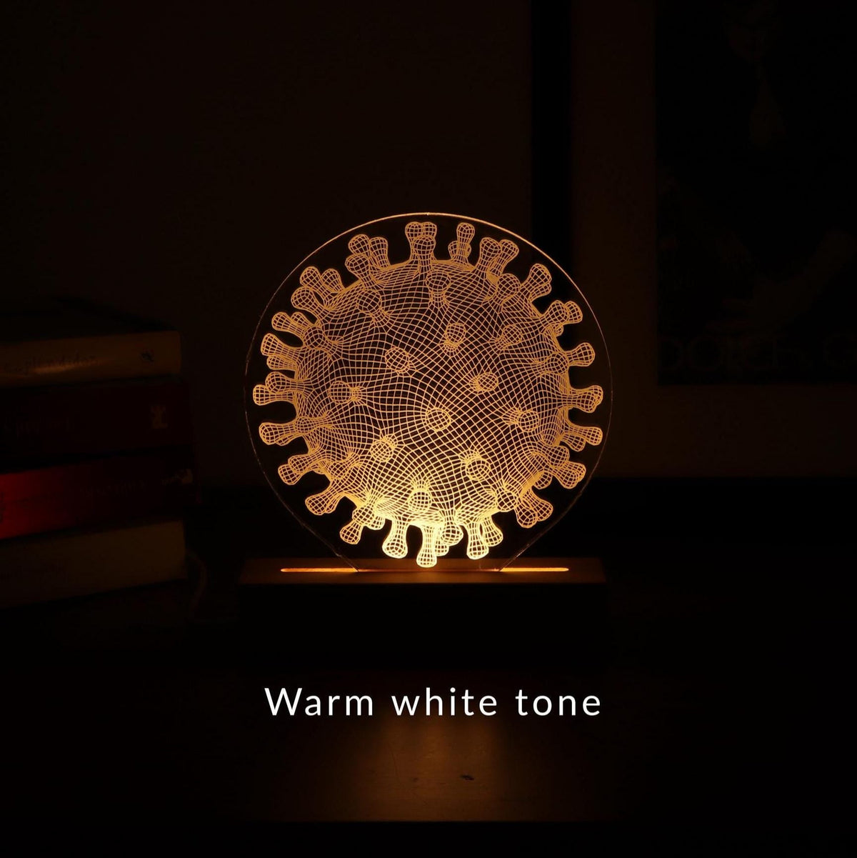 3D illusion lamp featuring a detailed virus structure design, illuminated in a white tone, perfect as a unique and thoughtful gift for immunologists, virologists, or medical professionals specializing in infectious diseases.