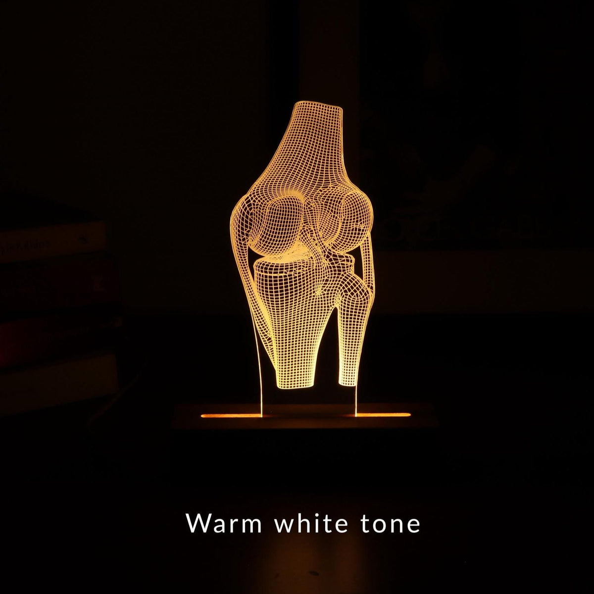 3D illusion lamp featuring a detailed human knee joint anatomy design, illuminated in a white tone, perfect as a unique and thoughtful gift for orthopedic specialists, physiotherapists, or medical professionals focusing on joint health.