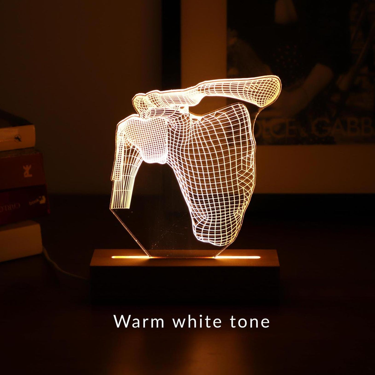 3D illusion lamp featuring a detailed human shoulder anatomy design, illuminated in a warm white tone, perfect as a unique and thoughtful gift for orthopedic specialists, physiotherapists, or medical professionals focusing on shoulder health.
