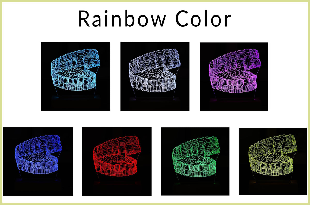 3D illusion lamp featuring a detailed human jaw anatomy design, illuminated in a rainbow color, perfect as a unique and thoughtful gift for dentists, orthodontists, or medical professionals specializing in oral health.