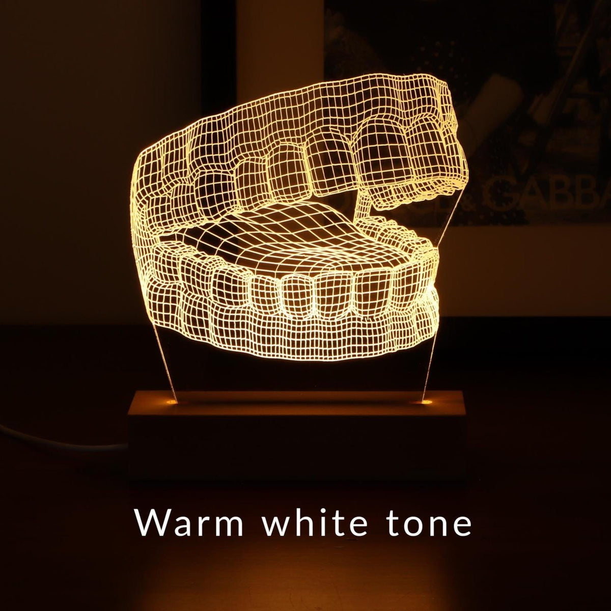 3D illusion lamp featuring a detailed human jaw anatomy design, illuminated in a warm white tone, perfect as a unique and thoughtful gift for dentists, orthodontists, or medical professionals specializing in oral health.