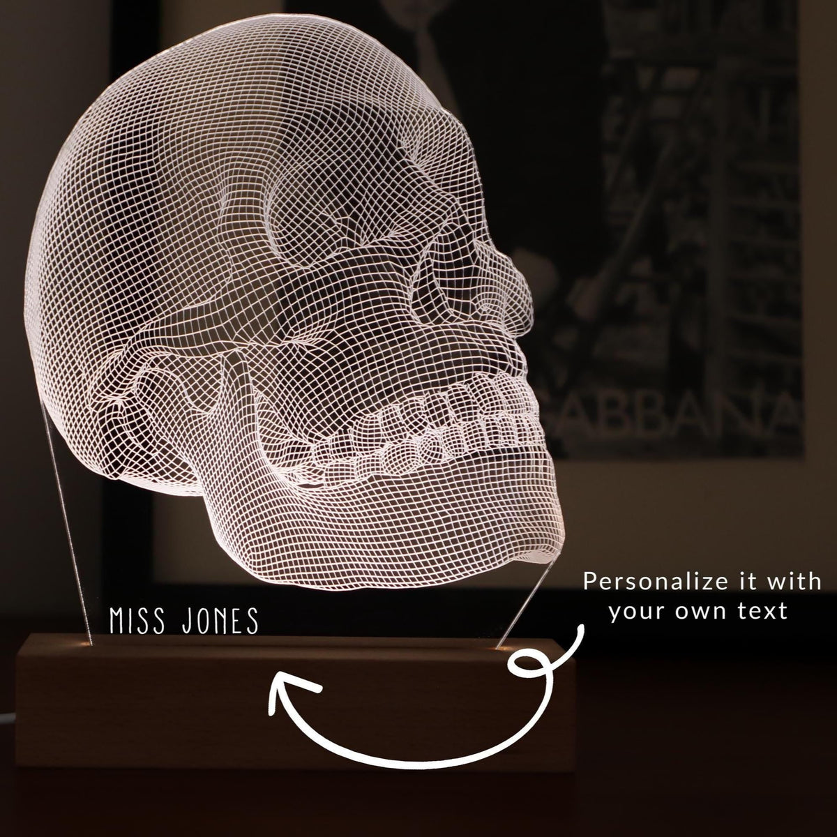 3D illusion lamp featuring a detailed human skull anatomy design, illuminated in a white tone, perfect as a unique and thoughtful gift for medical professionals, anatomists, or educators.