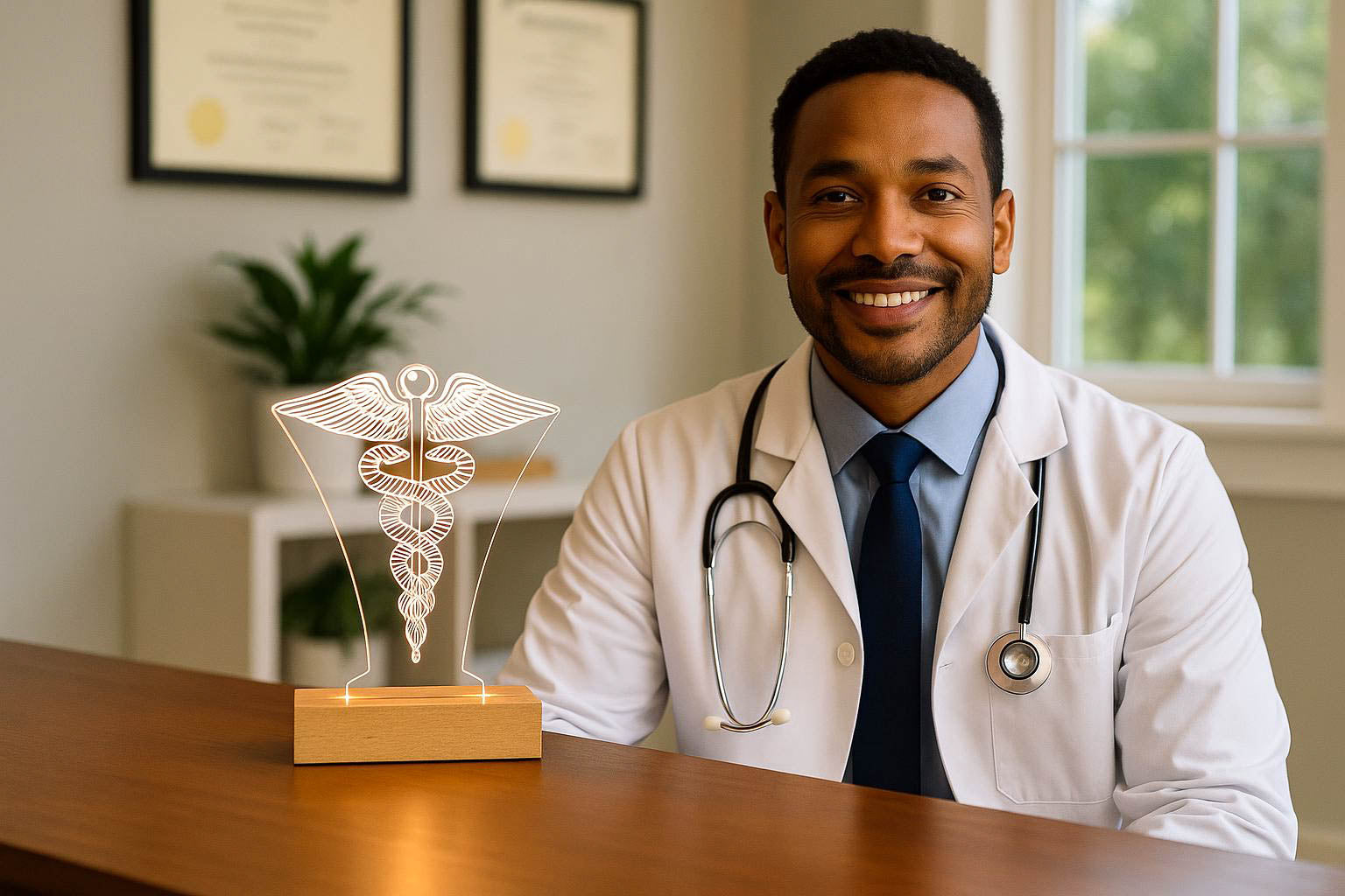 African-American male family doctor sitting at a desk in a modern office with a glowing LED tooth lamp beside him, certificates and window in background.