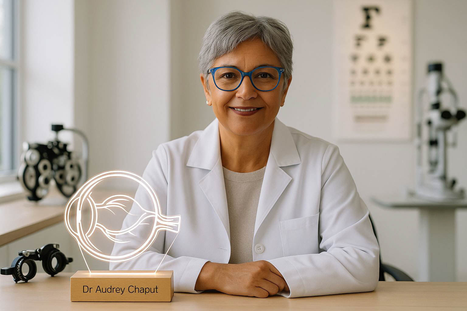 Middle-aged female optometrist with blue glasses and gray hair seated at her desk with a glowing 3D LED lamp in the shape of an eye, surrounded by optometry tools and decor.