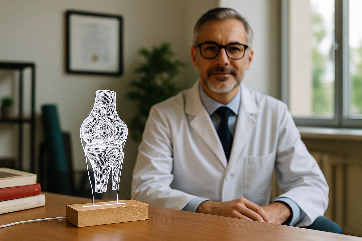 Middle-aged male orthopedic doctor wearing glasses, sitting in a rehab clinic office with a glowing LED knee joint lamp and books on the table.