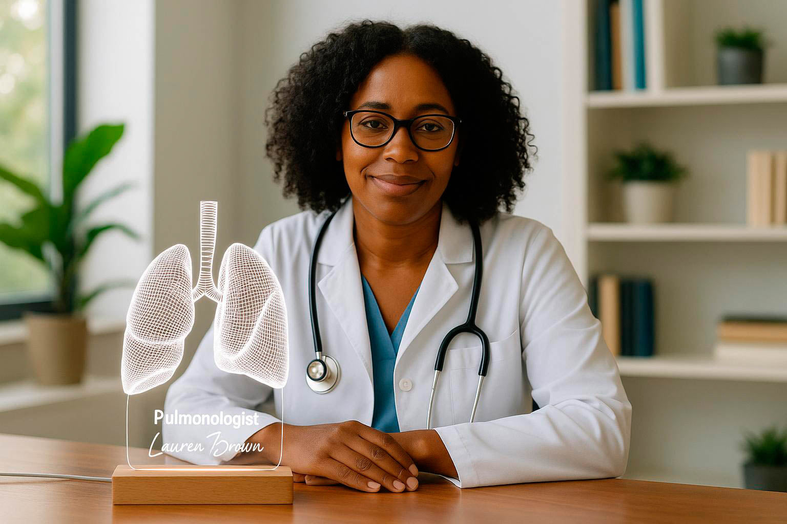 African-American female pulmonologist with curly hair and glasses seated at a desk with a glowing LED lamp shaped like lungs, bookshelves and greenery behind her.