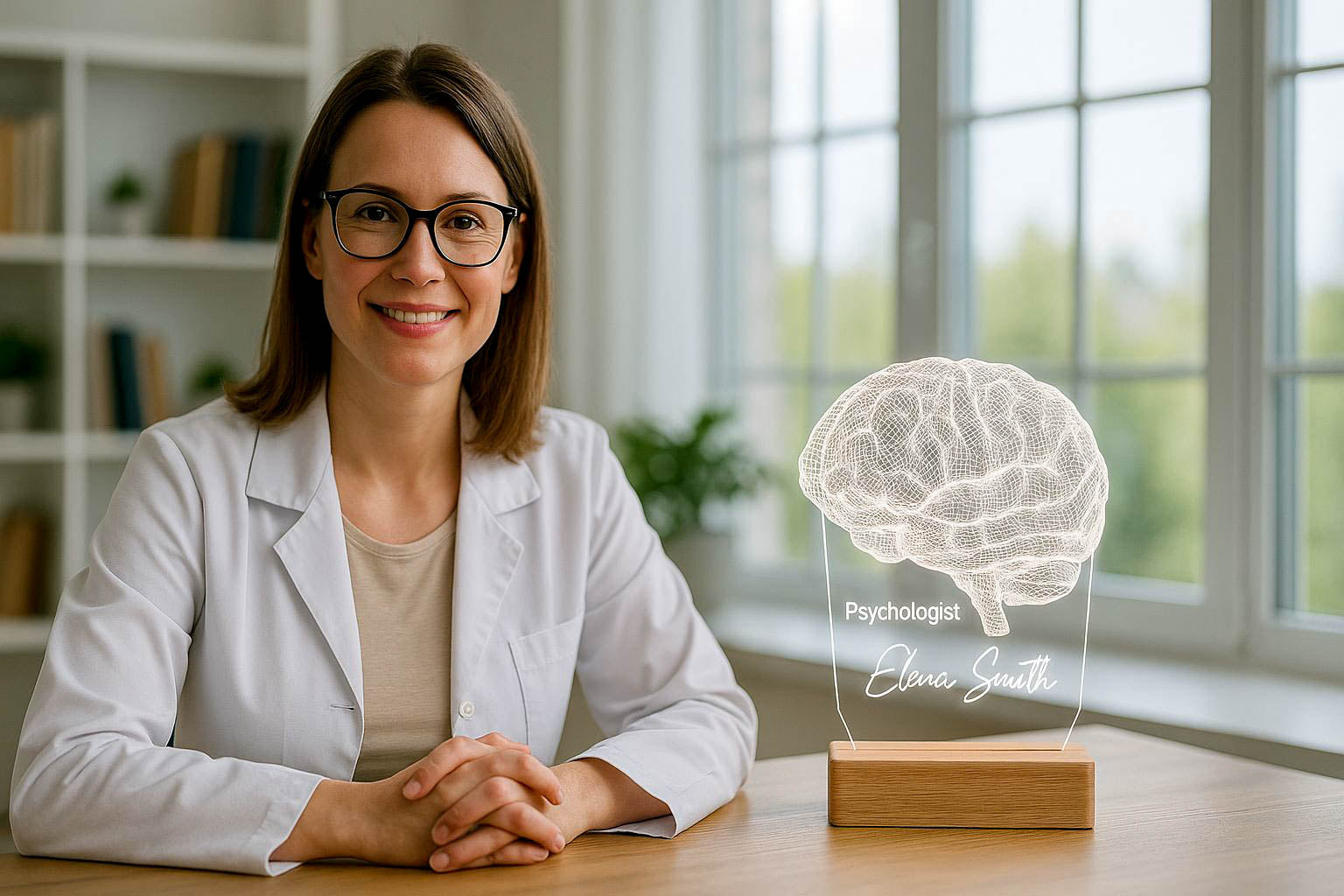 Female psychologist in a professional office, sitting at a desk with a glowing brain-shaped 3D LED lamp, smiling warmly, surrounded by natural light and decor.