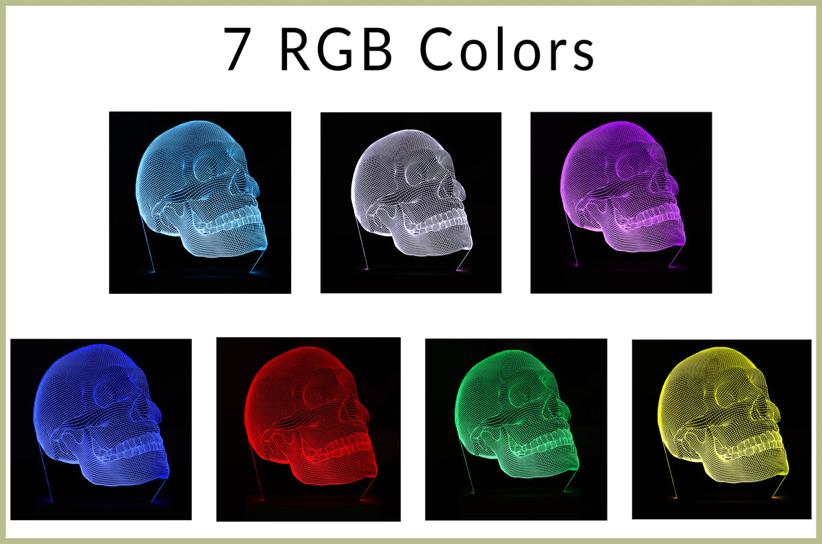 3D illusion lamp featuring a detailed human skull anatomy design, illuminated in a rainbow color tone, perfect as a unique and thoughtful gift for medical professionals, anatomists, or educators.