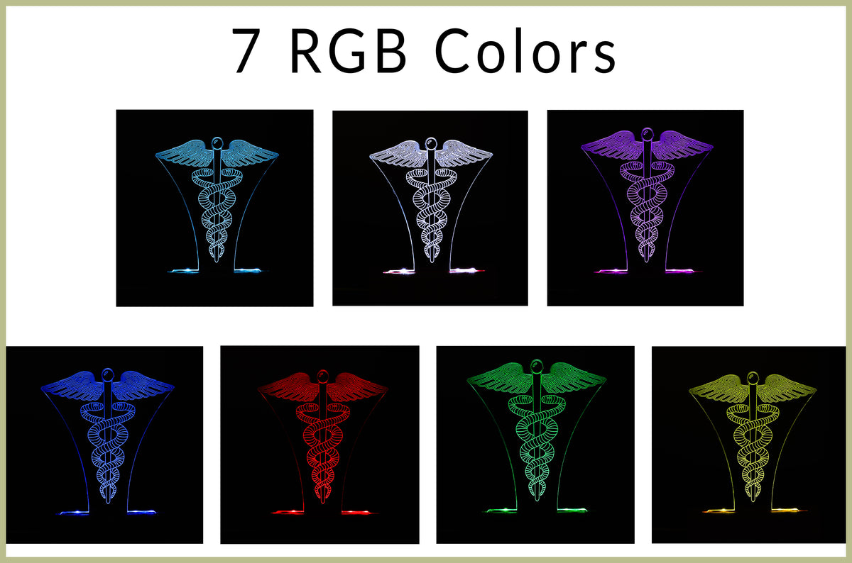 3D illusion lamp featuring the Caduceus symbol, illuminated in a white tone, perfect as a unique and thoughtful gift for doctors, healthcare professionals, or medical practitioners.