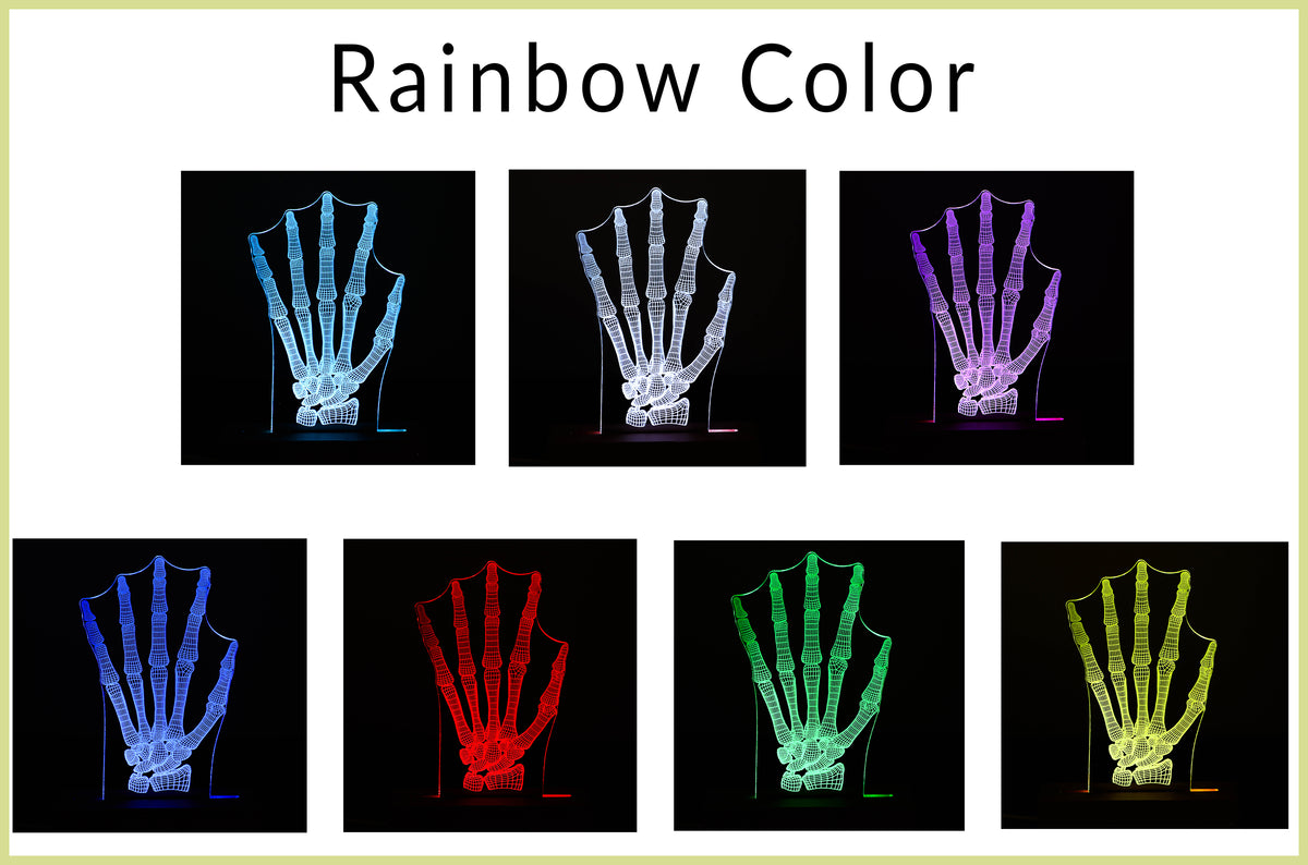 3D illusion lamp featuring a detailed human hand bone anatomy design, illuminated in a warm white tone, perfect as a unique and thoughtful gift for orthopedic specialists, physiotherapists, or medical professionals focusing on hand health.