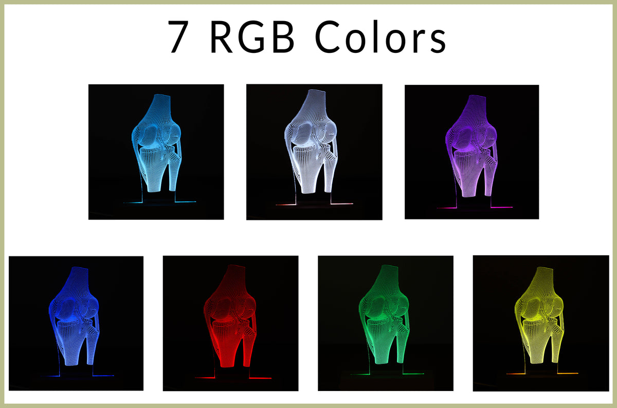 3D illusion lamp featuring a detailed human knee joint anatomy design, illuminated in a white tone, perfect as a unique and thoughtful gift for orthopedic specialists, physiotherapists, or medical professionals focusing on joint health.