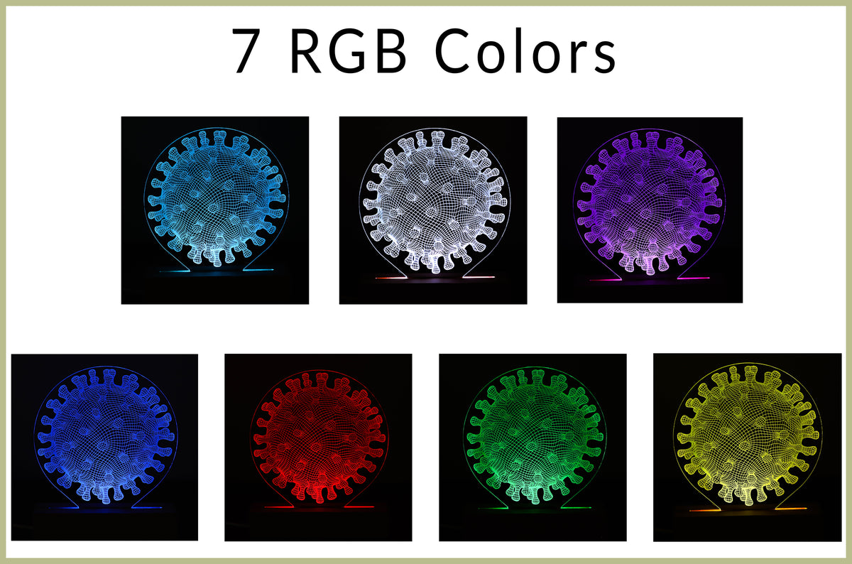 3D illusion lamp featuring a detailed virus structure design, illuminated in a white tone, perfect as a unique and thoughtful gift for immunologists, virologists, or medical professionals specializing in infectious diseases.