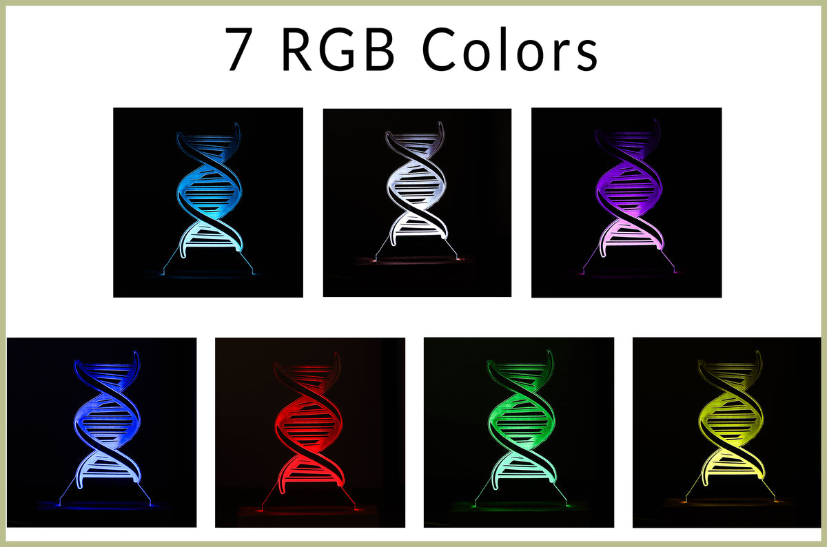 3D illusion lamp featuring a detailed DNA double helix design, illuminated in a white tone, personalized with a name, perfect as a unique and thoughtful gift for geneticists, scientists, or medical professionals specializing in human genome research