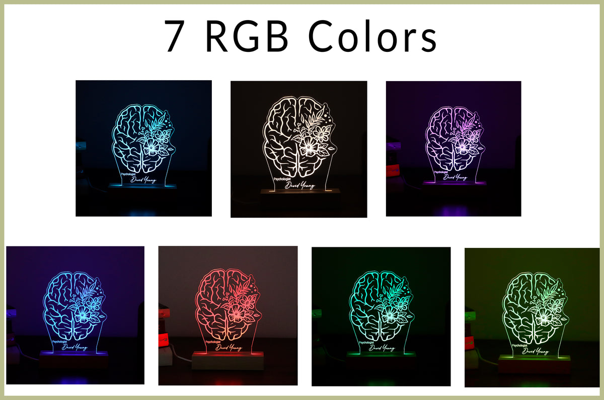 Personalized 3D illusion lamp featuring a brain anatomy design with floral accents, illuminated in a white tone, ideal as a unique gift for psychologists or mental health professionals